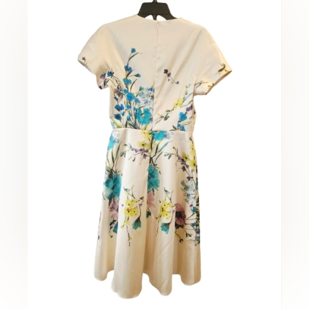 Teri Jon Colorful Floral-Print Short-Sleeve Mikado Midi Dress Women's Size 8 - Picture 4 of 12